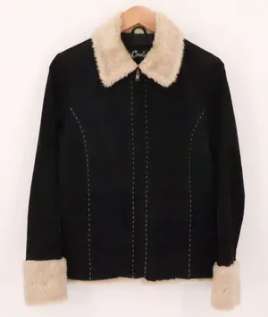 Cavalini Y2K Suede Leather Jacket Vintage Womens Size M‎ Black Faux Fur Trim thumbnail 1