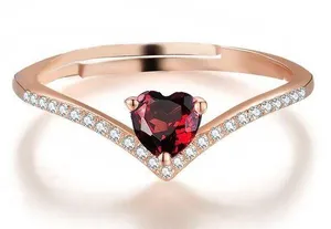 14K Rose Gold Plated Adjustable Red Crystal Love Heart Ruby Wedding Ring for Women thumbnail 1