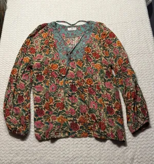Natural Life Women XL Floral Boho Peasant Blouse V-Neck Long Sleeve Rayon Top thumbnail 1