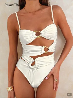 White Cutout One-Piece Swimsuit with Gold Accent thumbnail 3