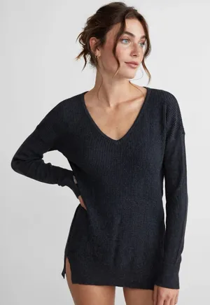 Lululemon Black Waffle Knit V Neck Long Sleeve Sweater 4 Women's thumbnail 1