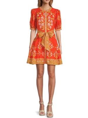 A Loves A Floral Puff-Sleeve Orange Belted Linen Mini Dress New Size Small thumbnail 2