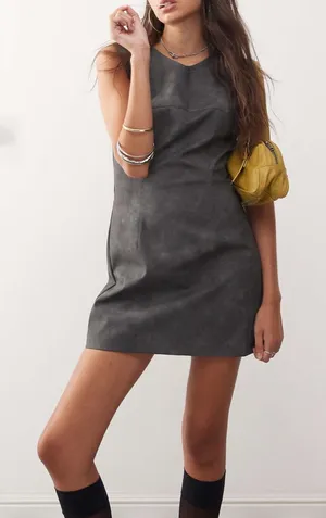 Collusion Asos Faux Leather‎ Mini Dress Grey Washed Sleeveless Shift US 6 Party thumbnail 1