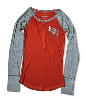Y2K Aeropostale Womens Orange Gray Raglan Long Sleeve‎ Henley Shirt Top L G thumbnail 1