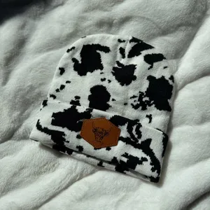 Boutique Cow Print Beanie Western Boho Knit Hat Black White thumbnail 2