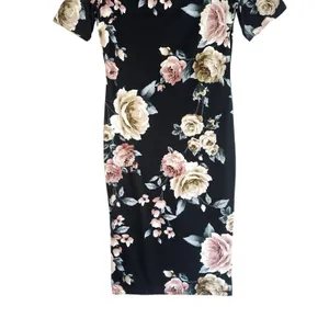 Haute Monde Floral Midi Dress M Black Off The Shoulder Sheath Bodycon‎ Pink Rose thumbnail 4