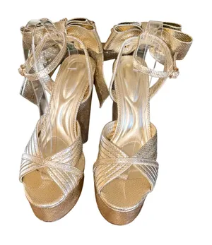 Azalea Wang Gold Platform Heels Rhinestone Bow Sandal Women 8.5 Barbiecore Party thumbnail 1