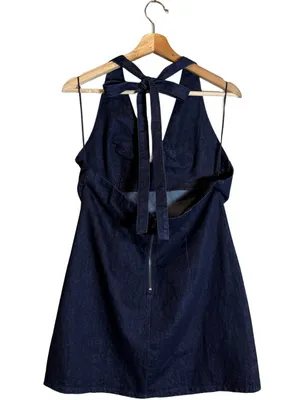 Free People Trevi Denim Mini Dress Women's Large Rinse Halter Backless Festival thumbnail 6