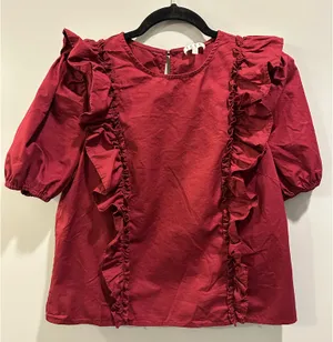 TCEC Puff Sleeve Ruffle Detail Blouse Wine / Burgundy thumbnail 1