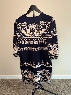 Blue‎ Zone Planet Navy and Tan Ethnic Print Boho V-Neck Midi Dress thumbnail 3