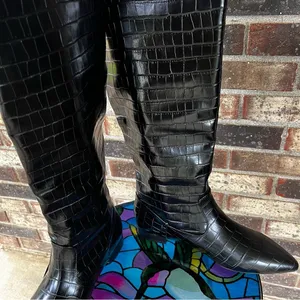 Tall Boots Women 8.5 Black Croc Embossed Pointed Toe‎ Knee High Low Heel NWOT thumbnail 6