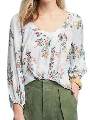 Anthropologie Maeve Women’s Size 4 Light Blue Boswell Floral V-Neck Blouse Top thumbnail 1
