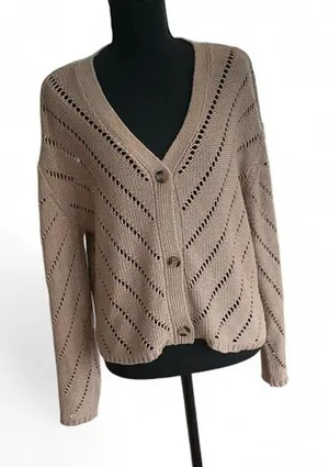 RD Style Tan Open Knit Cardigan‎ Size Large Lightweight Boho Chic thumbnail 1