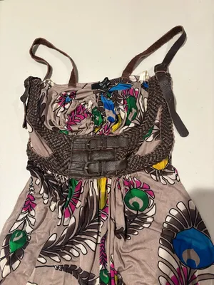 Vintage Sky Multicolor Feather-Print Casual Dress with Braided Brown Waist thumbnail 7
