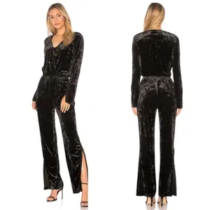 We are HAH NEW Large Black Crushed Velvet JUMP ON IT Flare Long Sleeve Jumpsuit thumbnail 2