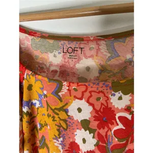 LOFT Red Multi Floral Cotton Puff Sleeve Smocked Waist Blouse S Spring thumbnail 2