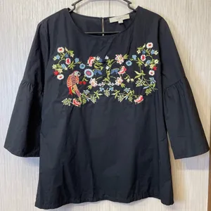 LOFT Black 3/4 Sleeve Top Floral & Parrot Embroidery Boho‎ Chic Size M thumbnail 1