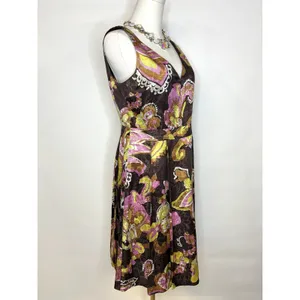 Tory Burch Silk Metallic Paisley Floral V-Neck Fit & Flare Cocktail Dress 4 thumbnail 4