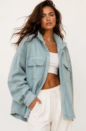 Oli & Hali Distressed Fleece Shacket L Soft Girl Coastal Lumberjane Quiet Luxury thumbnail 1