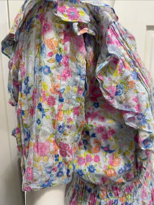 LoveShackFancy 100% Cotton Smocked Ruffle Mini Dress Blue & Pink Floral Size XS thumbnail 10