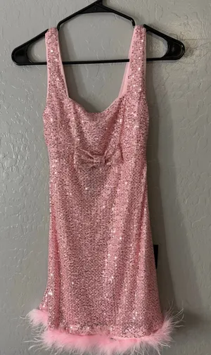Lulus Popular Invite Pink Sequin Mesh Feather Mini Dress, XS 2209336 thumbnail 1