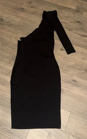 One-Shoulder Black Bodycon Dress with Long Sleeve thumbnail 1