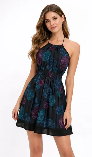 DKNY Jeans Black Fabric Floral Silk Satin Halter Dress Backless Dress Size Large thumbnail 1