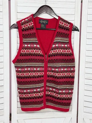 Vintage Requirements Fair Isle V Neck Zip‎ Up Sweater Vest Red Multi Medium thumbnail 7