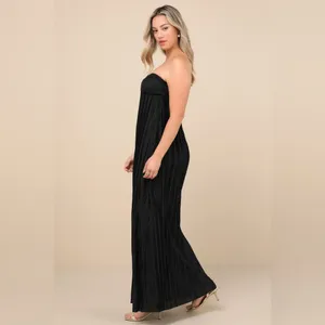 LULU’S Whimsical Beauty Black Satin Plisse Strapless Maxi Dress thumbnail 7