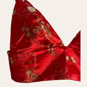 I.AM.GIA. Red Floral Jacquard Satin V-Neck Cropped Top Size Small thumbnail 5