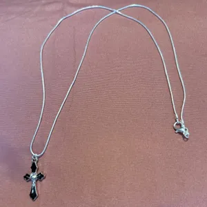 Sterling Silver 925 Cross Necklace with Black Enamel thumbnail 1