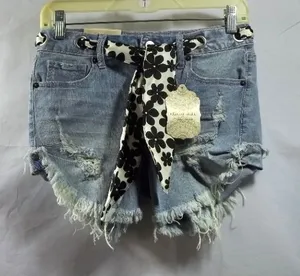 Altar'd State Mid Rise Womens Denim Jean Shorts Size 26 Distressed Fabric Belt Light Wash Blue NWT thumbnail 1