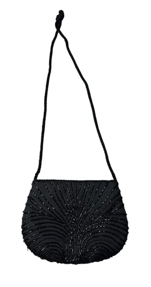 Vintage Black Beaded Shoulder Crossbody Fashion Bag 7.5" L x 6" H thumbnail 1