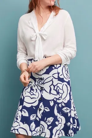 Maeve By Anthropology Amiens Flounce Floral Blue & White Midi Skirt M thumbnail 1