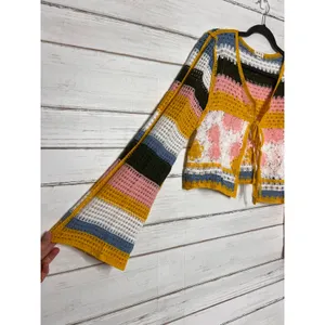 POL Crochet Tie Front Cardigan Floral Lace Striped Boho Sweater Medium thumbnail 8