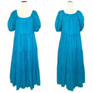ANTONIO MELANI Puff Sleeve Midi Dress Small Turquoise‎ Blue Tiered Silk Cotton thumbnail 3
