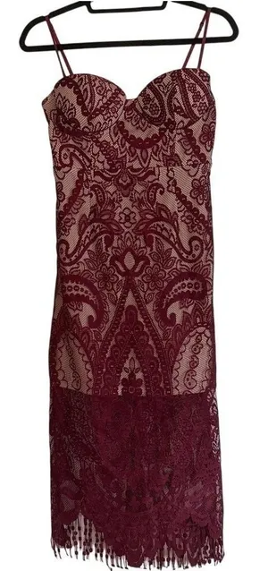 Lulus Burgundy Lace‎ Bustier Midi Dress Maroon Paisley Cocktail Dress Small thumbnail 1