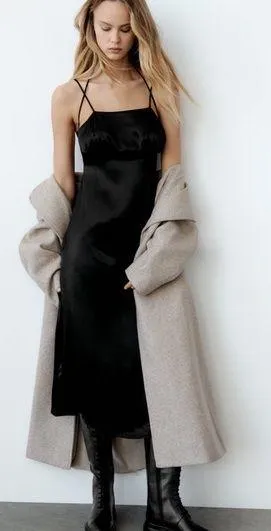Zara MIDI SLIP SATIN DRESS Straight Neck w/ Spaghetti Straps Black Size S NEW thumbnail 1