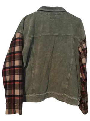 Easel Plaid Panel Contrast Corduroy Trucker Jacket Sage Green Medium thumbnail 7