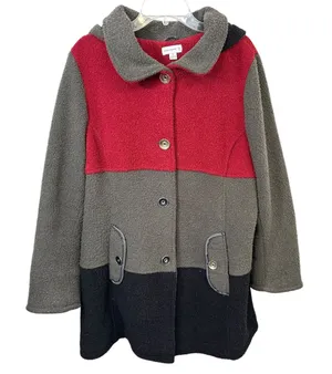 Susan Graver Plus Size 1X Coat‎ Colorblock Fleece Hooded Pea Red Grey Black A thumbnail 1