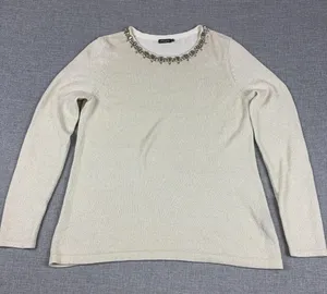 J McLaughlin Sweater Womens M White Jeweled Crew Neck Tight-Knit Pullover thumbnail 1