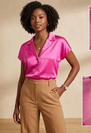 Rachel Rachel Roy‎ Hot Pink Satin Button Down Short Sleeve Blouse Large Fuchsia thumbnail 1