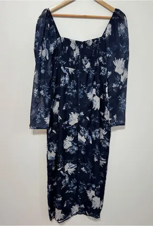 NEW Abercrombie & Fitch Emerson Chiffon Floral Navy Blue Midi Dress Medium NWT thumbnail 5