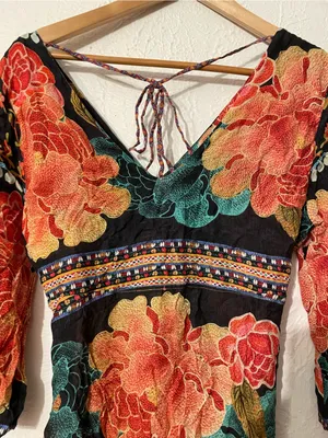 FARM Rio Rosario Black Floral Print Teal Patterned Midi Dress XS thumbnail 7