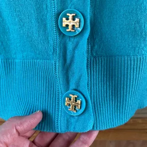 Tory Burch Women's Simone Cardigan Turquoise Logo Button Size M thumbnail 3