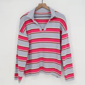 Pink Blue Striped Long Sleeve Knit Polo Sweater V-Neck Collar Size L thumbnail 2