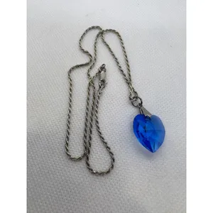 Vintage Blue Faceted Heart Pendant Necklace Silver Tone 16 Inch Rope Chain thumbnail 7