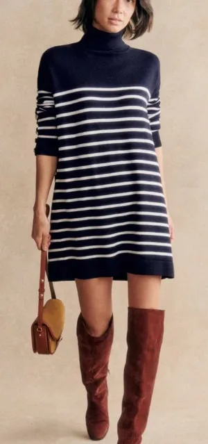 Sézane NEW Adrienne Striped Sweater Dress Navy Ecru Wool Small thumbnail 1