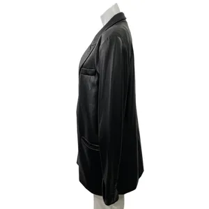 Zara Women Black Faux Leather Vegan Peak Lapel Relaxed Blazer Coat Jacket Size L thumbnail 2