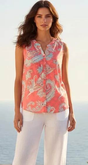 American Eagle Outfitters Coral Teal Paisley Sleeveless Blouse L thumbnail 1